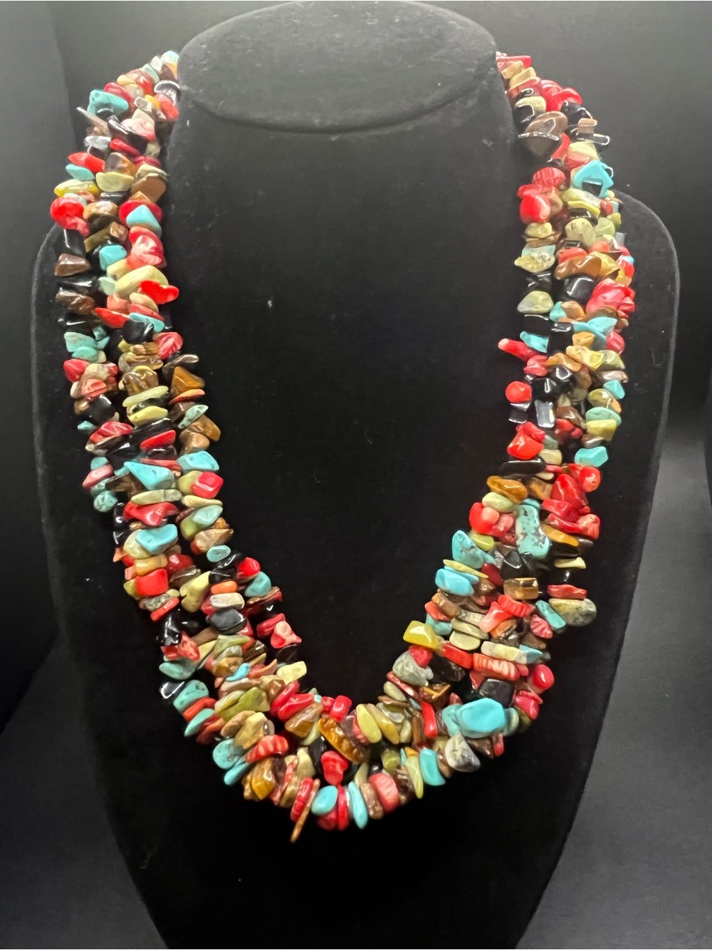Multi Strand Gemstone Chip Necklace Turquoise Coral Tiger Eye Boho
